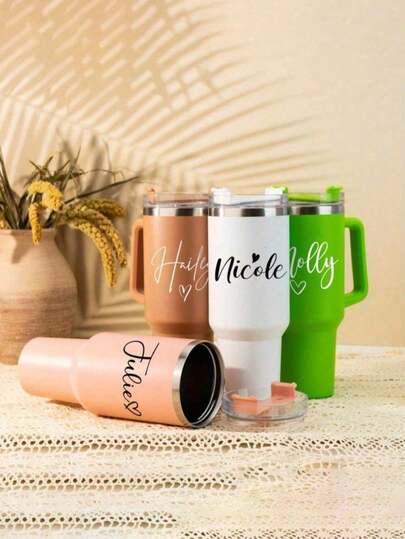 1pc 40oz Stainless Steel Vacuum Insulated Water Bottle With Handle And Leak-Proof Lid, Universal Sports Tumbler, Customizable Heart Pattern And Text, With Straw, Suitable For Car, Home, Office, Travel, Also A Great Gift For Boyfriend/Girlfriend, Back To School, New Year
