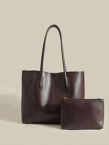 Dark Brown Faux Leather Tote Bag Set With Matching Zipper Pouch, Stylish Large Capacity Minimalist Shoulder Bag, Versatile Top Handle Tote For Daily Commute, Work, Shopping & School, Classic Solid Color Handbag For Women - Coffee Brown - View 2