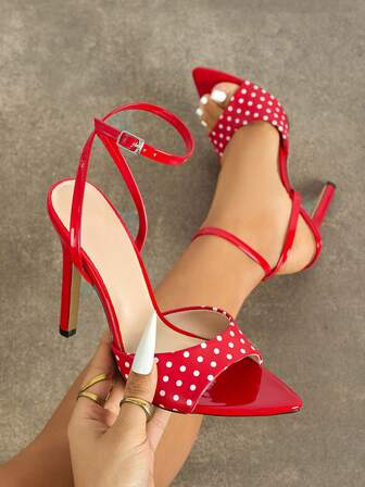 Jin Bei Qi Women's High Heels With Mysterious White Polka Dots, Soft Mirror-Like Material, Pointed Toe, Sexy Stilettos, Suitable For Spring/Summer Parties, Galas, Outdoor Fashionable Events. Adjustable Ankle Strap, Red Ladies Sandals, Versatile High Heels To Pair With Dresses, Elegant Footwear