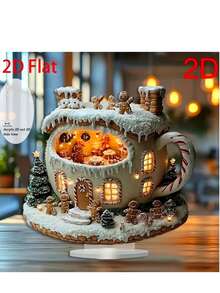 2 pezzi Villaggio natalizio in acrilico 2D con renne e capanna, decorazione da tavolo per le vacanze, decorazione natalizia da collezione, senza elettricità, adatta per casa e ufficio, decorazione da giardino esterno, stampa piatta 2D, senza piume