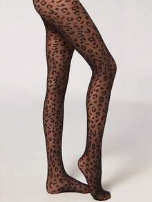 女式豹纹网眼透视图案紧身哥特式连裤袜，E-Girl - 黑色 - 查看 12