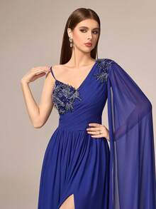 VIPGIRL 优雅奢华女士长款雪纺晚礼服，不对称领口饰有串珠细节，飘逸袖子和层叠下摆。 - 湖藍色 - 查看 10