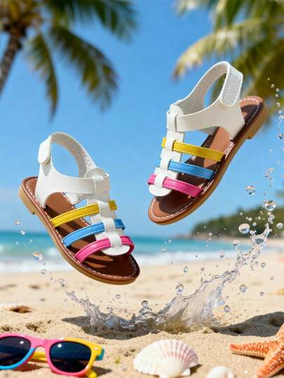 2025 New Kids Criss-Cross Strap Sandals - White Leather Gold Buckle Ankle Hook And Loop Flat Sandals, Comfortable Open Toe Summer Shoes, Suitable For Party And Daily Wear, Designed For Children Aged 3-12