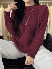 Plus Size Crew Neck Casual Long Sleeve Solid Color Knit Sweater - Burgundy - View 5