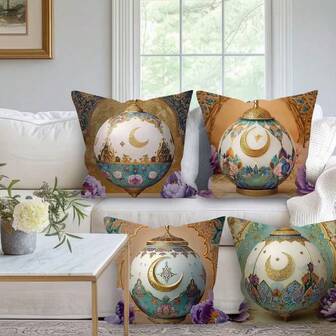 4 件套开斋节金色新月装饰抱枕套，45x45 厘米，适用于餐厅、客厅、厨房装饰、派对装饰