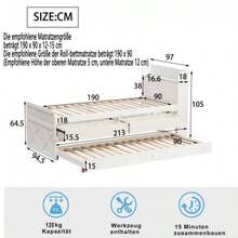 Single Bed, Solid Pine Wood, 90x190 Cm, Multifunctional With Pull-Out Drawer, Slatted Base, Bedside Table With Shelves And USB Port, Youth Bed, Guest Bed, Grey - White - View 2