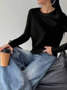 Women Solid Color Crew Neck Casual Long Sleeve T-Shirt,Fall Clothes Black Spring - Black - View 4