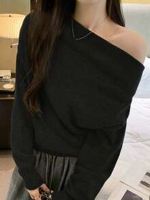 小众露肩宽松针织女式毛衣，休闲风格，秋冬黑色 - 黑色 - 查看 2