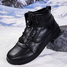 1双男士纯色休闲运动超细纤维皮革纽扣防水防滑雪地靴，保暖适合户外冬季穿着 - 黑色 - 查看 2