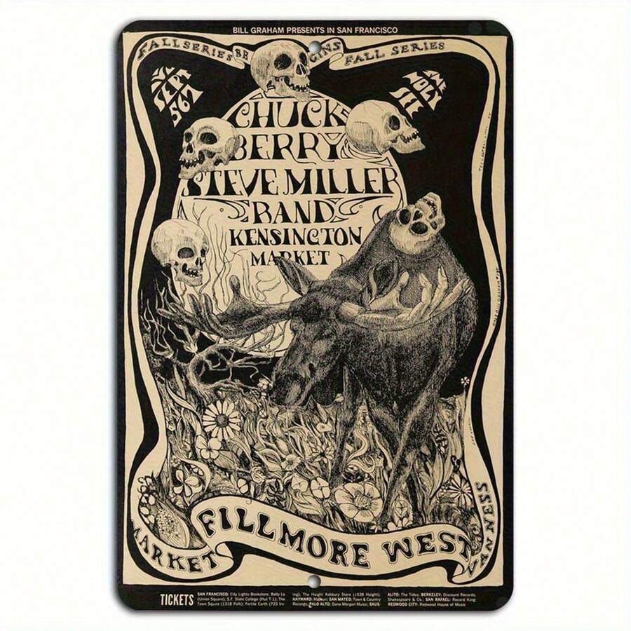 Vintage 1968 Fillmore West Rock & Skulls Concert Metal Wall Art - Iron Retro Decor With Skull & Floral Design, No Electricity Needed, Wall-Mounted For Home, Office, Music Memorabilia Collectors, Music Wall Art, Home Decor, Bold Typography, Durable Metal, Statement Piece, Music Lovers, Best For Christmas, Perfect For Thanksgiving - Metal Painting - View 1