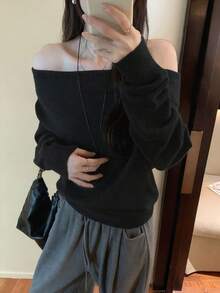 小众露肩宽松针织女式毛衣，休闲风格，秋冬黑色 - 黑色 - 查看 3