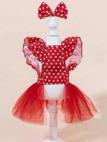 Christmas Pet Costume - Red & Polka Dot Tulle Dress With Puffy Sleeves, Button Closure, Elegant Holiday Outfit For Small Dogs & Cats Adorable Red Dog Dress With Breathable Tulle Skirt - Easy-Pull Head Design For Spring Summer Outfits, Puppy Party Costume For Small Medium Large Dogs - 紅色 - 查看 12