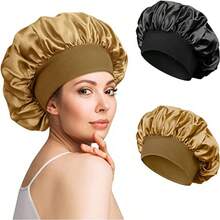 New DASKING 2 Piezas Gorro Satén para Pelo Rizado Ajustable con Banda Ancha Elástica para Dormir - para Mujeres y Niñas Negro Oro - como en la foto - Ver 2