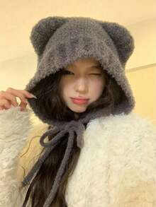 1顶纯色毛绒系带帽，可爱猫耳帽，无檐针织帽，保暖冬季日常购物旅行帽 - 彩色 - 查看 1