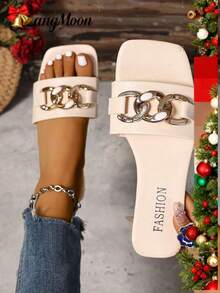 2025 New Beige Women's Fashion Slide Sandals Collection, Featuring Luxurious Chain & Rhinestone Details And Various Stylish Designs, Creating A Modern, High-Quality Leather Feel Flat Comfortable Women's Slide Sandals. Solid Color, Versatile, Fashionable, Sexy, Elegant And Cute. Comfortable, Versatile For Daily Casual Wear, Suitable For Vacation, Home, Commute, Party And More Occasions, Ideal For Wedding Season, Halloween, Christmas, - Beige - View 2