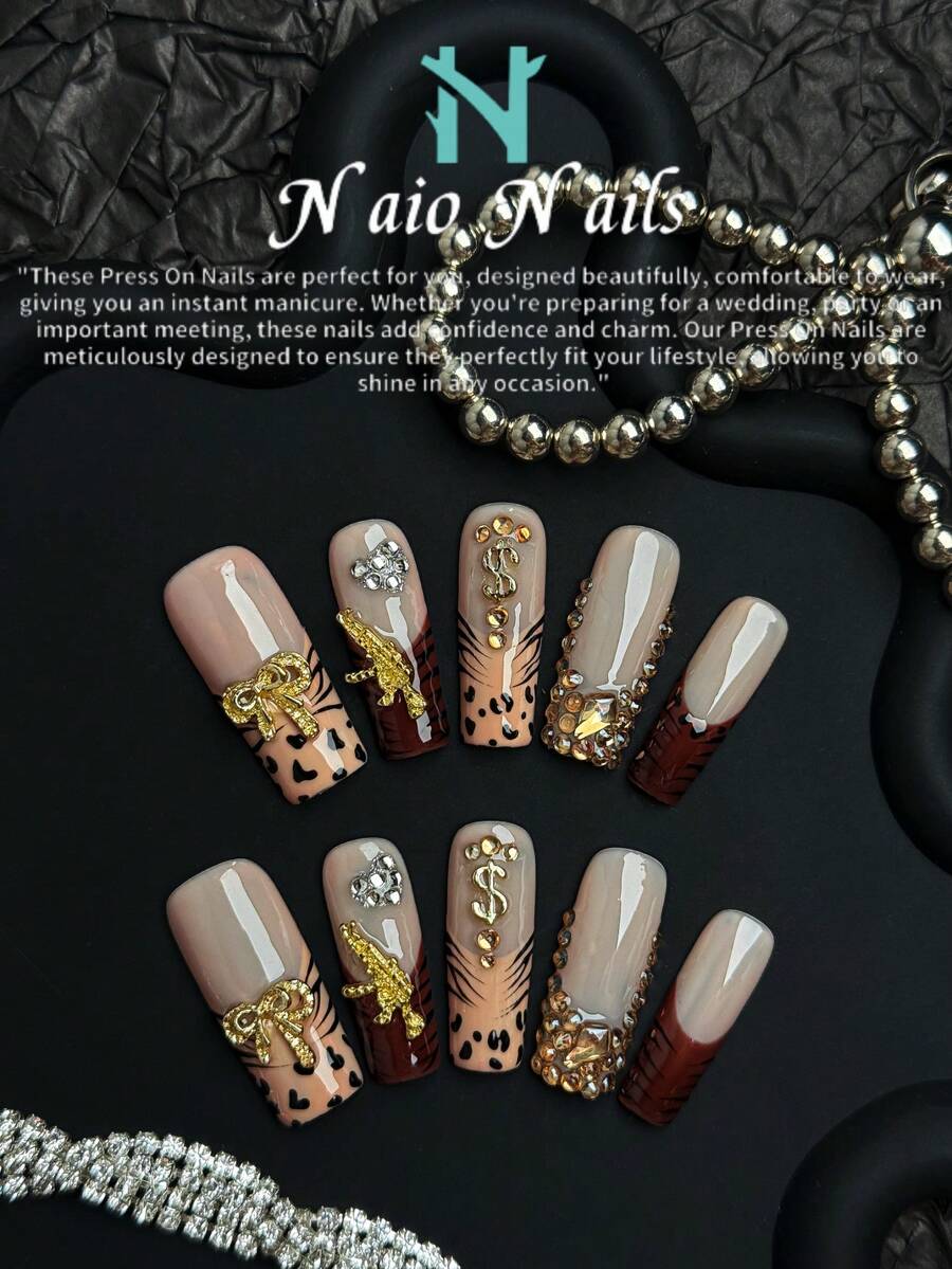 NAIO 10片/套 手工方形美甲贴片，Y2K 酷炫风格，裸色和棕色豹纹法式边，可刻字，图案包括AK、金钱和蝴蝶结，适合派对、婚礼和日常佩戴。包含工具包，是送给女性和女孩的绝佳礼物。