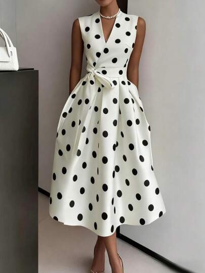 Women's Elegant All-Over Allover Print Colorblock Polka Dot Casual Dress, Suitable For Casual, Date, And Daily Wear Summer Vacation
