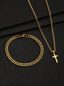 1 Set Kids Hip Hop Stainless Steel Cross Pendant Necklace And Bracelet, Suitable For Boys And Girls, Fashionable Street Jewelry, Children's Birthday Gift - Gold - View 5