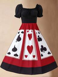 Abito elegante e casual con stampa di carte da gioco, stile vintage, maniche corte, orlo arricciato, per Ognissanti