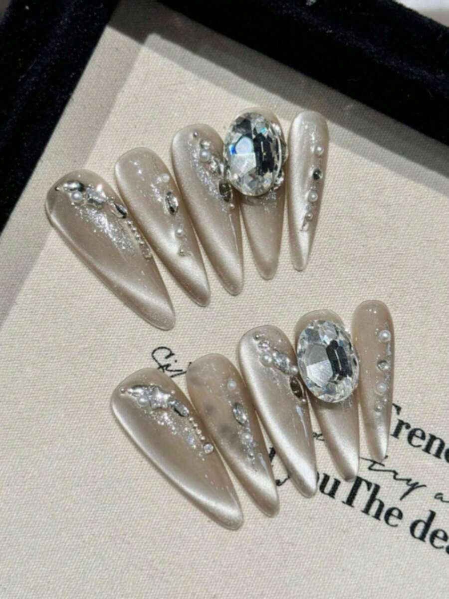 10pcs/Set Long Water Drop Cat Eye Nail Stickers With 3D Oval Rhinestone & Pearl, Elegant & Brightening, Suitable For Women To Wear To Parties, Balls, Dates, Can Be Reused, Comes With Mini Nail File