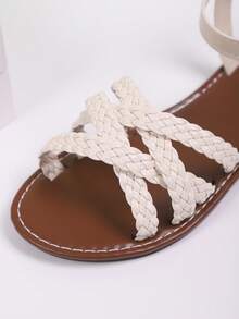 2025 Summer New Coffee Brown Woven Leather Lace-Up Flat Sandals With Buckle, Suitable For Women; Women's Ankle Strap Flat Sandals, Black Mule, Elegant Faux Suede Casual Shoes; Summer Open Toe Slides; Lace-Up Sandals; Slippers - Beige - View 6