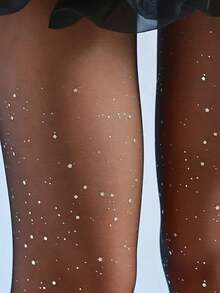 2双黑色和肤色闪亮星空亮片丝袜，超薄显瘦闪亮星光连裤袜，夏季必备 - 黑色 - 查看 4