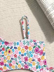 2pcs Girls Ditsy Floral Asymmetric Swimsuit And Tie-Up Sarong Set - Multicolor - View 4