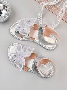 1双女童闪亮蝴蝶结装饰简约优雅平底凉鞋，防滑轻便舒适，适合派对、休闲、户外穿着 - 銀色 - 查看 1