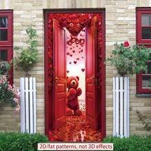 1 pieza Cubierta de puerta plana 2D Oso rojo de San Valentín Banner de rosa de la habitación Cubierta de puerta de poliéster, decoración de habitación, banner colgante de fiesta, decoración navideña, suministros de fiesta, decoración de interiores. - Multicolor - Ver 11