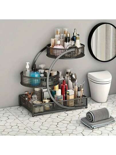 EZIFY Caja de almacenamiento de cosméticos de metal de 3 niveles, organizador de maquillaje con diseño elegante que no requiere instalación para tocador y encimera del baño