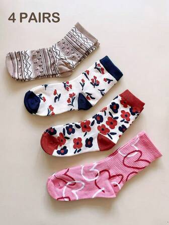 4 Pairs Women Casual Geometric Floral & Heart Pattern Crew Socks, Suitable For Sports And Daily Wear, Pink