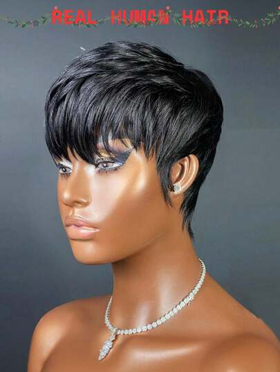 Women's Pixie Short Wig, 1B Grade Human Hair Short Wig, 9A Grade Human Hair Short Wig With Bangs, Lace-Free Pixie Short Wig, Glueless Human Hair Wig, 150% Density, Gift For Valentine's Day, Christmas, Daily Wear