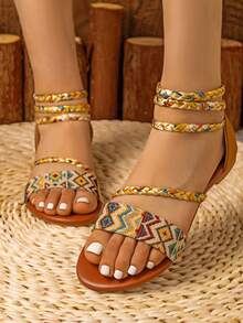 Cross-Strap Bohemian Style Embroidered Retro Open Toe Sandals For Women, Summer New Arrival - Brown - View 6