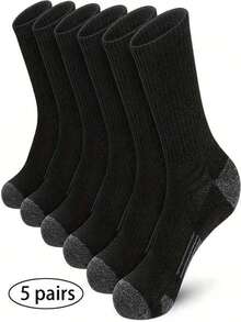 5 Pairs Men's Double Bar Thermal Lined Thick Mid-Calf Socks, Versatile For Autumn/Winter Daily Wear - Black - View 6
