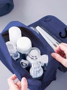 1 pieza Bolsa de aseo de viaje impermeable y grande con gancho, organizador de maquillaje plegable para cosméticos, cuidado de la piel, maquinillas de afeitar, artículos de cuidado personal, bolsa colgante de artículos de tocador de varios colores, bolsa espaciosa de artículos esenciales de viaje para mujeres/hombres - Azul - Ver 2