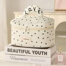 1pc Red Heart Plaid Makeup Bag, Large Capacity Multi-Functional Portable Cosmetic Toiletry Organizer Pouch - Beige - View 7