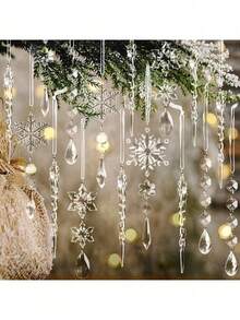 10个圣诞树装饰水晶饰品 - 悬挂式亚克力圣诞雪花冰柱水滴水晶饰品，适用于圣诞树、冬季新年派对用品（款式随机） - 彩色 - 查看 1