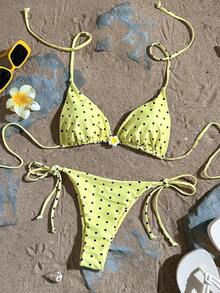 Bộ bikini chấm bi dành cho nữ, quần buộc dây bên hông, chất liệu co giãn, kiểu dáng giản dị, thanh lịch, gợi cảm, thích hợp cho kỳ nghỉ biển. - Nhiều màu - Xem 3