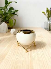 1pc Nordic Round Vase For Succulents Ornament Small Ceramics Flower Pot With Tray Golden Polka Dot Metal Base Modern Simple Home Gardening Containers Modern Decorative Plant Pot Decoration - White - View 1