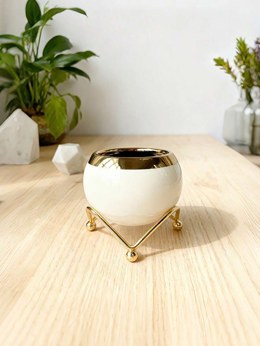 1pc Nordic Round Vase For Succulents Ornament Small Ceramics Flower Pot With Tray Golden Polka Dot Metal Base Modern Simple Home Gardening Containers Modern Decorative Plant Pot Decoration - White - View 1