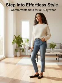 女士方头平底鞋，复古玛丽珍鞋，时尚日常通勤搭扣平底鞋，棕色/黑色，轻便舒适的芭蕾舞带乐福鞋 - 黑色 - 查看 4