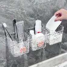 1 pieza Estante de almacenamiento de plástico montado en la pared, organizador de puerta de gabinete adhesivo transparente, estante de acrílico, sin necesidad de perforar, cinta adhesiva, adecuado para baño, cocina, accesorios de baño para sala de estar - transparente - Ver 1