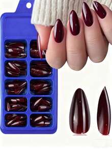 120片/盒 杏仁形纯色深红色美甲贴纸，12种尺寸，短款简约复古风全覆盖亮面亚克力假指甲，适合日常佩戴，冬季、万圣节和圣诞节美甲用品 - 紅木色 - 查看 6