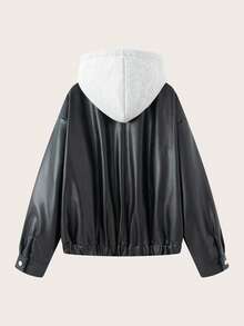 女士休闲落肩连帽拼接仿皮夹克，秋冬款