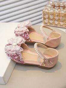 女童玛丽珍平底鞋，亮面低跟花朵婚礼派对鞋，适合幼儿/大童 - 淺粉色 - 查看 3