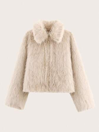 Chaqueta con cremallera de piel sintética de unicolor, otoño/invierno