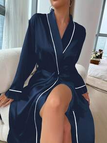 1pc Women's Elegant Long Sleepwear, Fashion Minimalist Autumn/Winter Robe With Belt, Sexy Open Front Design, Suitable For Loungewear, Sleepwear, Bridesmaid Dress, All Season - Navy Blue - View 4