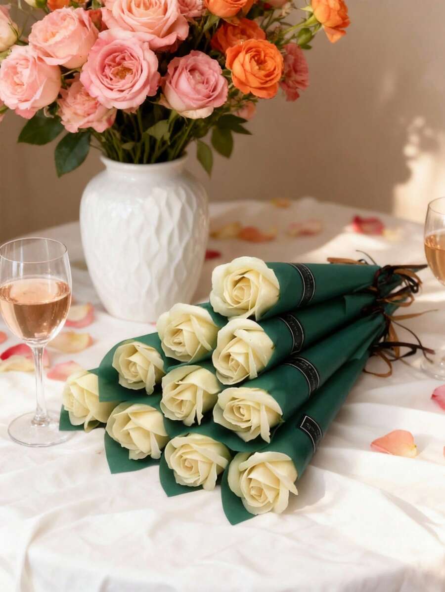 6PCS Artificial Soaps Flower, White Soap Rose Flowers Bouquet Exquisite Realistic Long Stem Fake Roses Bundle Flower For Wedding Anniversary Birthday Mother's Day Valentine's Day Decoration