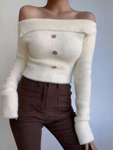 1 pieza Suéter sexy de un hombro de unicolor, con ribete acanalado, de manga larga, de punto, de talla ajustada y de longitud corta, versátil - Albaricoque - Ver 10