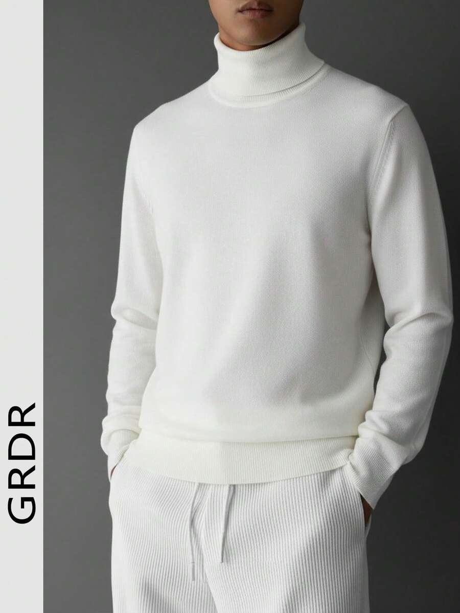 GRDR 男士圆领长袖毛衣，百搭日常针织套头衫 - 白色 - 查看 1